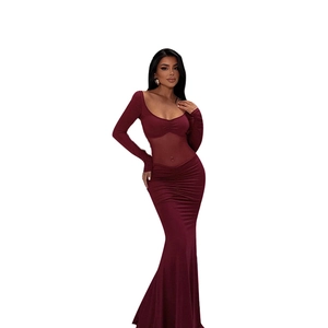Elegant wine red long sleeve bodycon dress with sheer mesh waist and mermaid hem