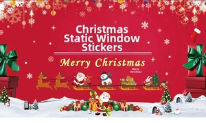Detail of static Christmas window stickers featuring Santa, reindeer and snowflakes