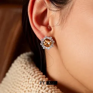Vintage 18k gold plated sunflower stud earrings with amber zircon and rectangular stones