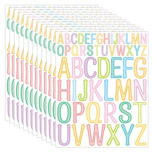 Detail view of 10 sheets macaron color vinyl alphabet stickers with A-Z uppercase letters