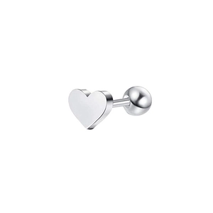 Detailed view of silver heart-shaped stainless steel ear stud with screw-back ball closure