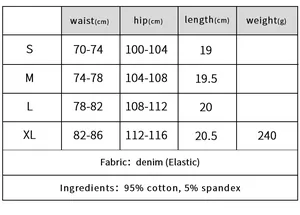 Tabella taglie con misure vita e fianchi per pantaloncini di jeans a vita alta