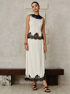Jupe Blanche Sans Manches Et Haut Avec Bordure En Dentelle Noire Longue Élégante Style Vacances Chic Pour Femmes