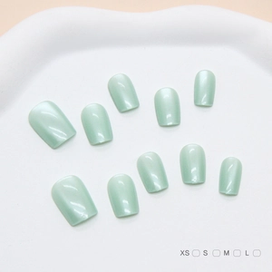 Handmade Mint Green Cat Eye Press On Nails Short Ballet Square Round Fake Nails Daily Minimalist Sweet Women Manicure
