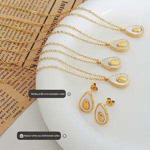 Teardrop avocado-egg jewelry set with natural white shell pendants and 40+5cm chains