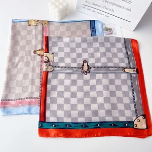 70cm checkerboard satin silk scarf with vintage luggage lock print for neck or bag
