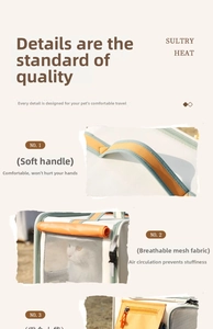Detail of breathable mesh fabric and reinforced handle on the portable pet backpack carrier