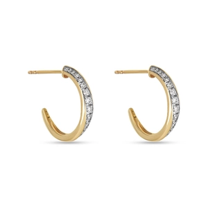 Elegant 10K gold C-shaped stud earrings with micro-pave cubic zirconia on white background