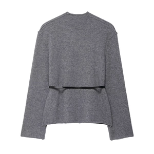 Fashionable grey wool coat for women featuring a slim black belt on the back view