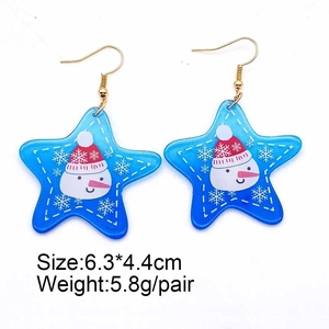 Blue star acrylic Christmas snowman earrings with red hat for festive party jewelry