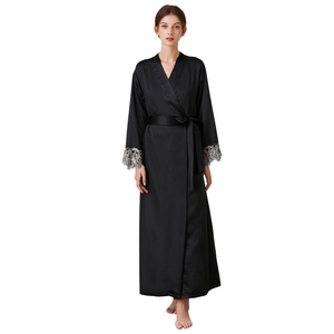 Elegant long black satin robe with lace cuffs and belted waist for women's loungewear
