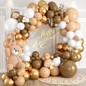 Balloon arch set with teddy bear, golden Happy Birthday sign and dried flower accents