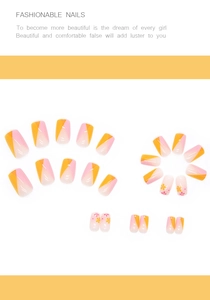 Detail of square pink and yellow nails with floral patterns and glossy finish