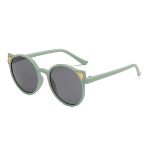 Light green cat-ear sunglasses for kids with grey round lenses and gold accents