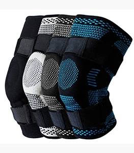 Détail des genouillères de sport avec sangles de compression réglables en quatre coloris
