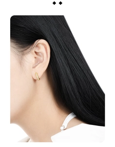 Close-up of gold-plated hoop earrings with micro-paved cubic zirconia on model
