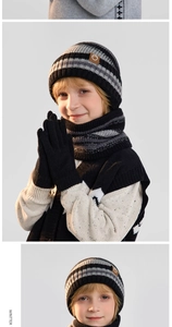 Detailed knit pattern of winter set featuring striped beanie, scarf and gloves for kids