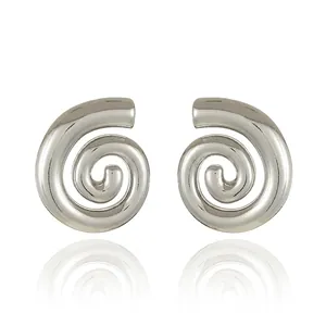 Macro view of geometric water drop earrings with spiral texture and high polish finish