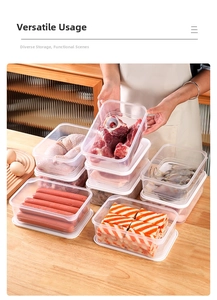 Stapelbare transparente Frischhaltedosen mit weißen Deckeln für Fleisch und Wurst