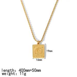 18K gold plated stainless steel sun pendant necklace with square embossed medallion