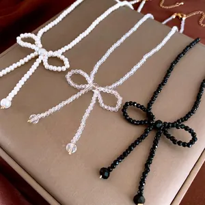 Elegant Bowknot Beaded Necklace With Imitation Artificial Pearl And Artificial Crystal For Women Niche Style Clavicle Chain Jewelry