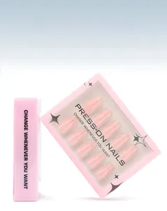 Detail of 30pcs short almond press-on nails in cream beige with French style packaging