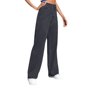 Detail view of high-waisted wide-leg jeans in dark grey denim with straight-cut fit