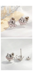 Detailed view of silver cat stud earring with pink zircon and secure screw-back closure