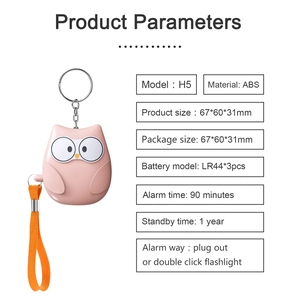 Pink owl personal safety alarm key chain with detailed technical product specifications