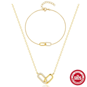 925 Sterling Silver Necklace And Bracelet Interlocking Double Rings Zirconia Clavicle Chain Elegant Jewelry For Women