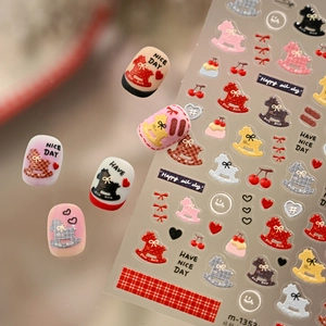Cute horse and bowknot nail art stickers set with colorful retro plaid designs