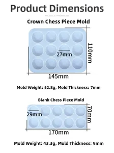 Detailed size specifications for crown and blank chess piece silicone resin molds