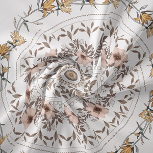 Close-up of mandala floral pattern on cotton fabric with elegant swirling fold texture