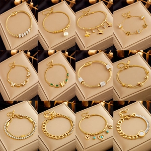 Fashion Stainless Steel Gold Bracelet For Women With Rhinestone Butterfly Heart Evil Eye Pendant Decorative Bangle Jewelry