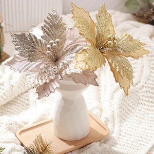 Artificial Christmas Poinsettia Flowers Glittered Fabric Shimmering Handmade Christmas Tree Ornaments Festive Decor