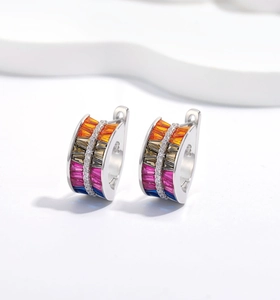 Close-up of S925 sterling silver stamp on earrings with double row rainbow crystals
