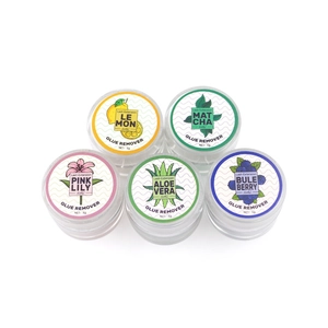 Set of five 5g lash extension glue removers in lemon, matcha, lily, aloe, and blueberry