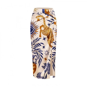 Ethnic print high waisted wrap skirt in beige with bohemian leopard and palm motifs