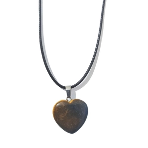 Macro shot of 20mm heart-shaped tiger eye stone pendant with black cord necklace