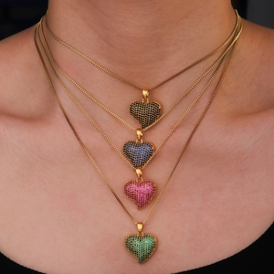 Colorful zircon heart necklaces in black, blue, pink and green with gold box chain