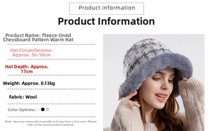 Winter checkered bucket hat size specifications with 56-58cm circumference and soft wool fabric