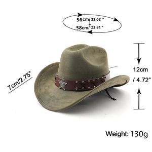 Detailed dimensions of olive green western cowboy hat with silver star leather band