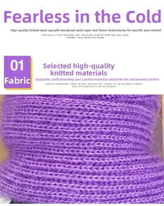 Detail of purple chunky knit beanie with windproof outer and warm fleece lining texture