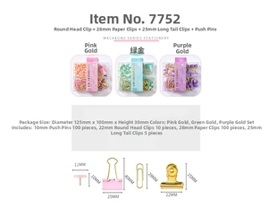 Detail view showing assorted macaron binder clips and paper clips with size specifications