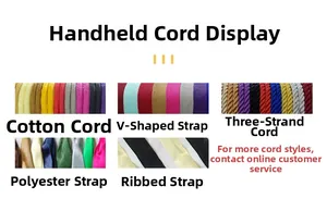 Detail of diverse gift bag handles including cotton rope, herringbone, and polyester ribbons