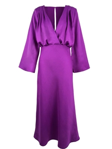 Detail of deep purple satin dress featuring elegant V-neckline and draped pleated bust