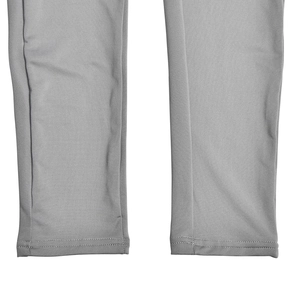 Detailed close-up of grey elastic jumpsuit leg cuffs with premium double stitching