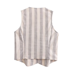 Vue arrière du gilet à rayures grises montrant la texture lin et les détails du tissu