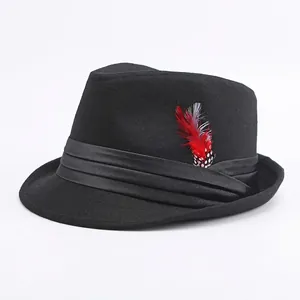Classic black wool fedora hat with elegant multi-colored feathers and a satin ribbon band