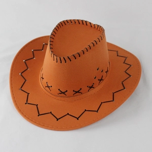 Western cowboy hat in brown-orange felt with black cross-stitch decorative details